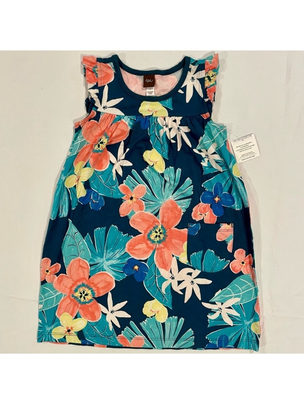 New Tea Collection Mighty Mini Dress Girls 5 Coral Fern Floral Cotton Flowers